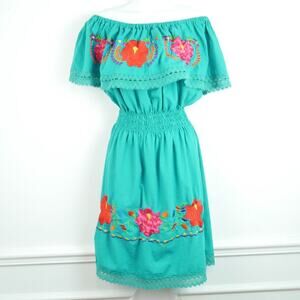 Mexican Embroidered Sundress Floral Huipil Ruffle Resort Boho Midi Medium Cotton